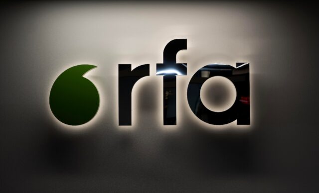 Radio Free Asia logo on its Washington headquarters, seen in March 2025