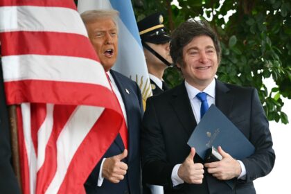 US President Donald Trump greets Argentina's President Javier Milei at the White Hous