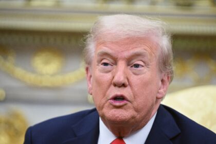 US President Donald Trump speaks as he meets with Finnish President Alexander Stubb in the