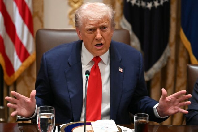 US President Donald Trump speaks during a meeting with Argentina's President Javier M