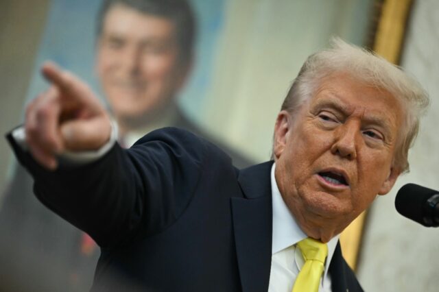 US President Donald Trump speaks during a press conference in the Oval Office of the White