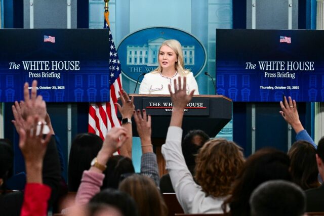 White House Press Secretary Karoline Leavitt takes questions during a press briefing at th