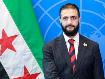 Syrian President Ahmed al-Sharaa visits with UN Secretary-General Antonio Guterres (off fr