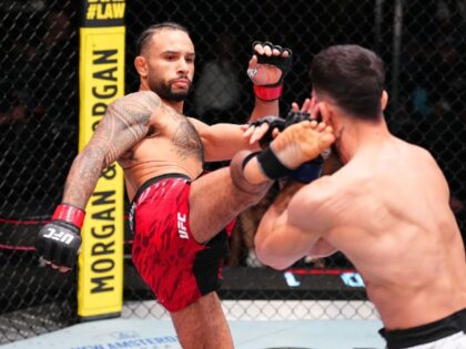 LAS VEGAS, NEVADA - NOVEMBER 01: in their featherweight fight during the UFC Fight Night