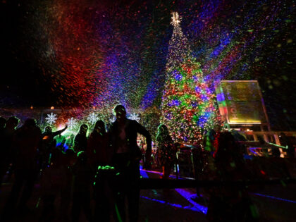 People attend the Los Angeles County Tree Lighting Ceremony in downtown Los Angeles, Calif