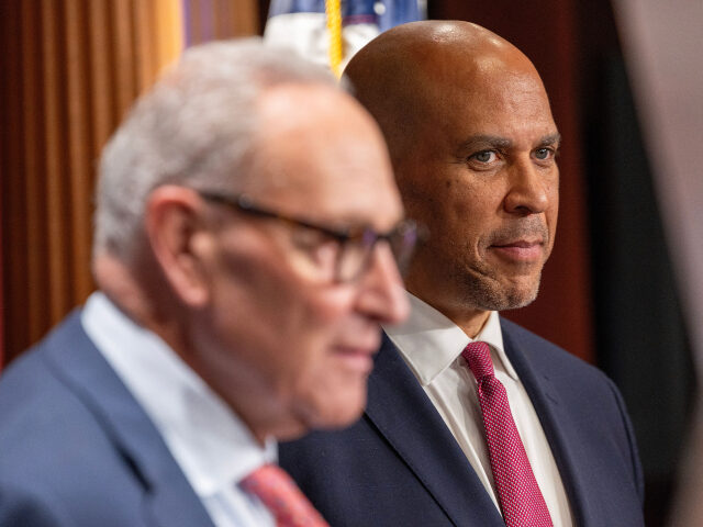Cory Booker (r) and Chuch Schumer Senate Minority Leader Charles Schumer (D-NY) and Sen. Cory Booker (D-NJ) look on during a