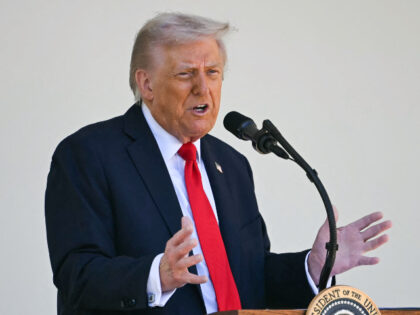US President Donald Trump speaks at a "Rose Garden Club" lunch in the Rose Garden of the W