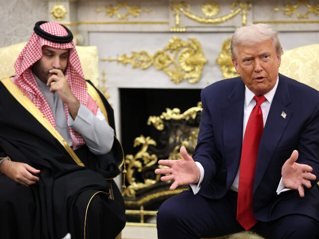 U.S. President Donald Trump (R) speaks during a bilateral meeting with Crown Prince and Pr