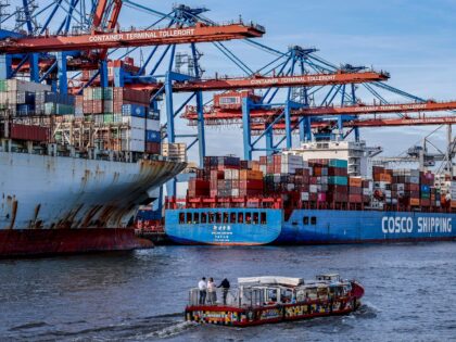 TOPSHOT - A small boat passes in front of the container ship 'COSCO Pride' (far L) and 'Xi
