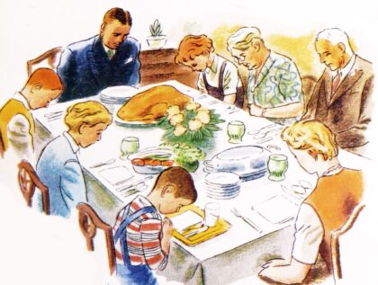 Illustration showing Thanksgiving day meal with an American family. (Photo by: Universal H