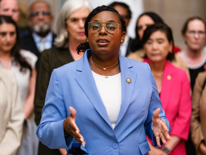 Representative LaMonica McIver, a Democrat from New Jersey, speaks to members of the media