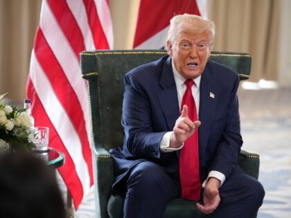 TURNBERRY, SCOTLAND - JULY 28: U.S. President Donald Trump gestures as he meets British Pr