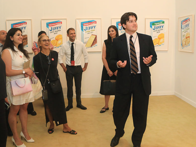 NEW YORK, NEW YORK - SEPT 4: A tour occurs at the exhibit of Jiffy corn muffin box paintin
