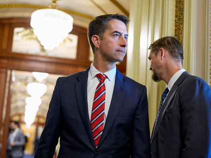 WASHINGTON, DC - OCTOBER 1: Sen. Tom Cotton (R-AR) walks out of the Senate Chamber of the