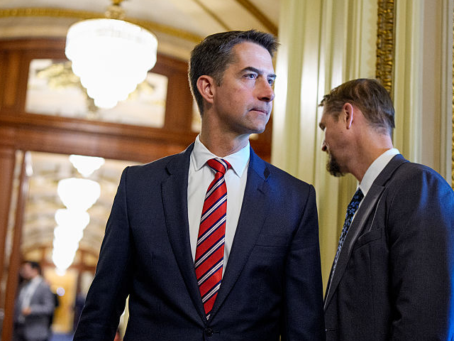 WASHINGTON, DC - OCTOBER 1: Sen. Tom Cotton (R-AR) walks out of the Senate Chamber of the