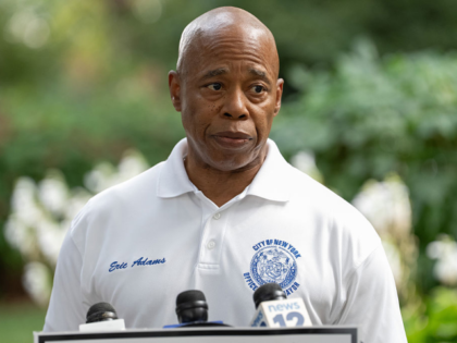 New York City Mayor Eric Adams is pictured at a press conference outside Gracie Mansion in