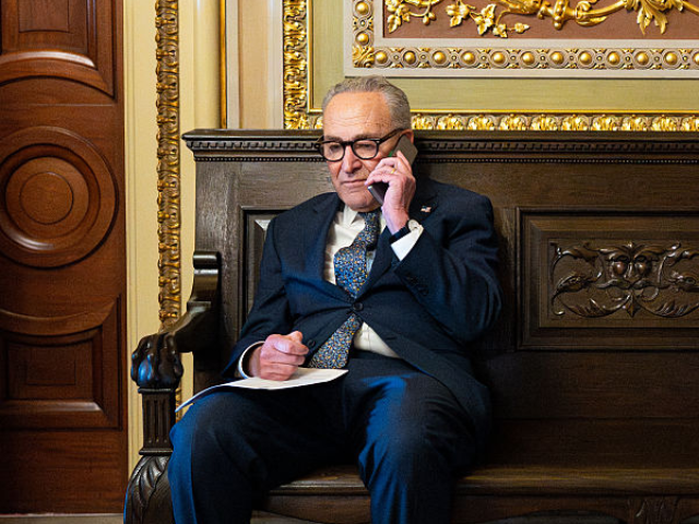 GettyImages-2243477783 UNITED STATES - OCTOBER 29: Senate Minority Leader Chuck Schumer, D-N.Y., talks on his pho