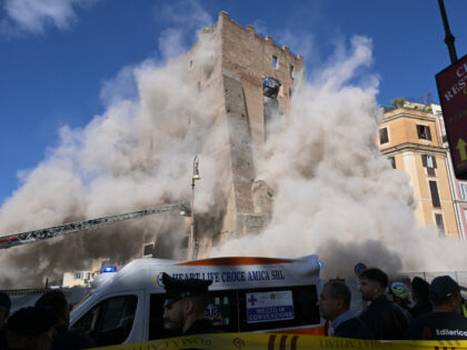 TOPSHOT - Dust rises due to a second collapse of part of the medieval tower "Torre de
