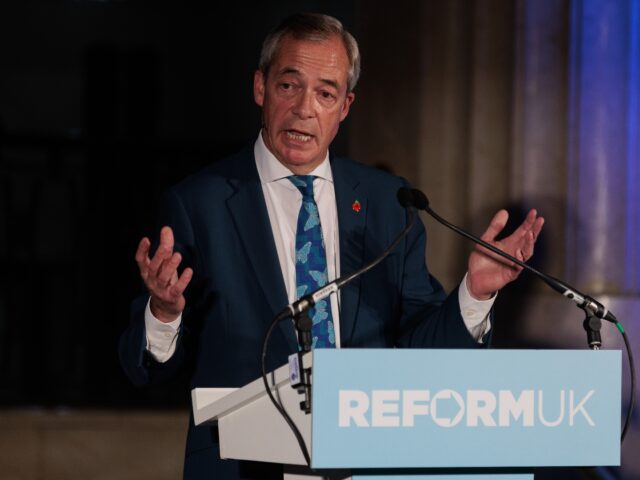 Nigel Farage, Leader of Reform UK, responds to questions from the media after making his f