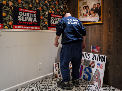 NEW YORK, NEW YORK - NOVEMBER 04: Campaign signs sit in the corner at the election-night w
