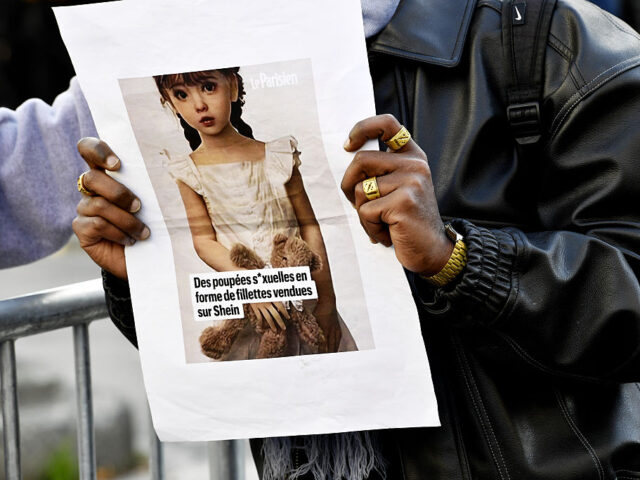 Affiche d'une poupée sexuelle d'enfant brandie par un manifestant lors d'u