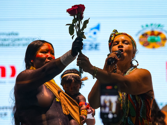 12 November 2025, Brazil, Belem: People participate on the banks of the Guamá River at th