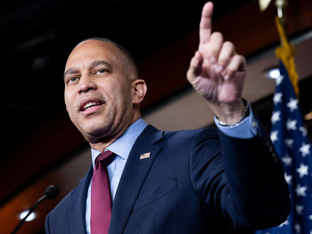 US House Minority Leader Hakeem Jeffries, Democrat of New York, speaks during a press conf
