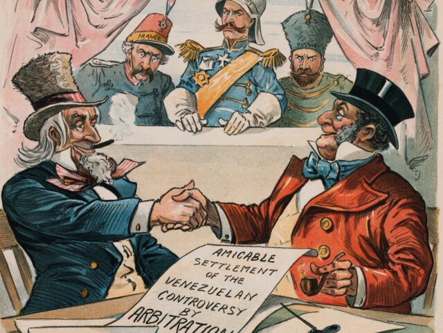 1896: Political cartoon of Uncle Sam and John Bull shaking hands over a settlement on Venz