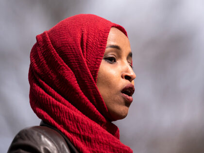 Rep. Ilhan Omar (D-MN) speaks during a press conference at a memorial for Daunte Wright on