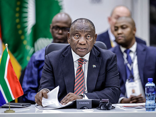 South Africa's President Cyril Ramaphosa delivers remarks during a working dinner for invi