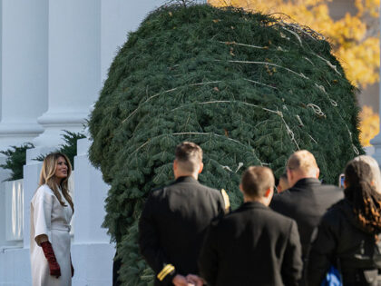 US First Lady Melania Trump welcomes the official 2025 White House Christmas Tree at the W
