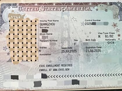 A 10-year United States B visa issued to a national of China. The annotation indicates tha