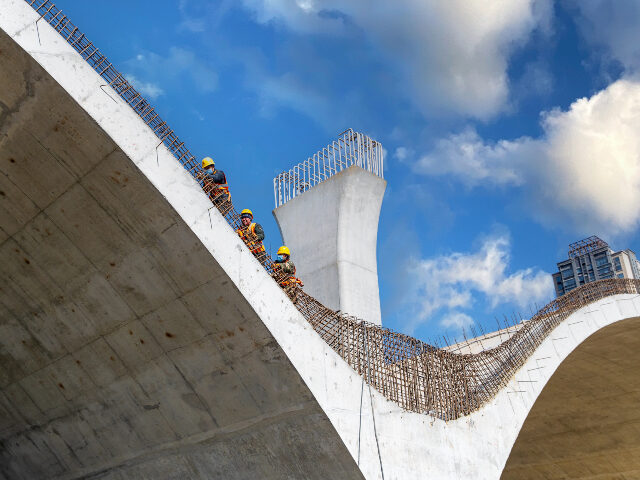 Hongqi Bridge over the Songhua River is under construction on April 1, 2024 in Jilin City,