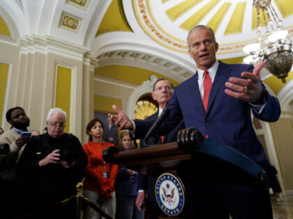 Senate Majority Leader John Thune (R-S.D.) speaks to reporters during the Weekly Senate Po