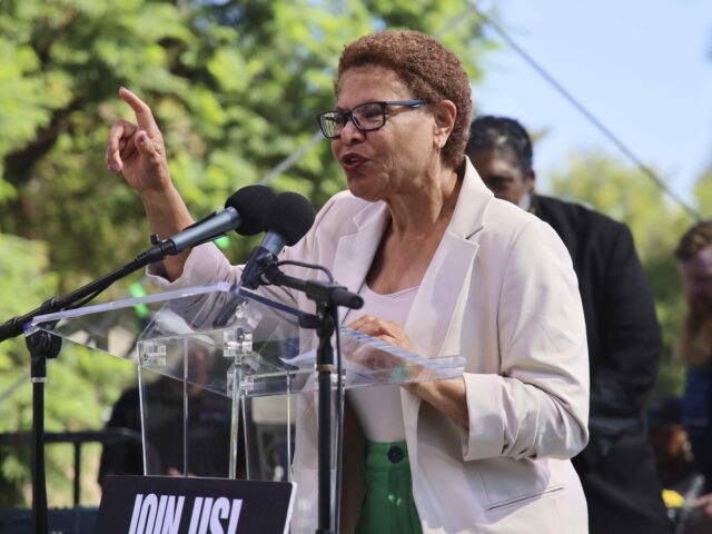 Mayor Karen Bass speaks during an immigration rally on Saturday, Sept. 20, 2025, in Los An