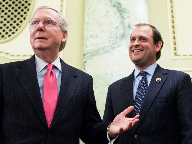 From left, Senate Majority Leader Mitch McConnell, R-Ky., Rep. Andy Barr, R-Ky., Rep. John
