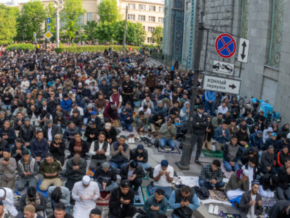 SAINT PETERSBURG, RUSSIA - 2025/06/06: Muslims perform a prayer celebrating Eid al-Adha ne