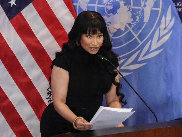 Trinidadian-US rapper Nicki Minaj speaks during the panel discussion "Combatting Reli