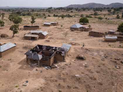 An aerial view shows destroyed and burned houses after a recent Fulani attack in the Adara