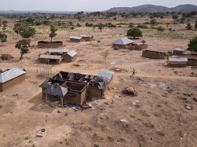 An aerial view shows destroyed and burned houses after a recent Fulani attack in the Adara