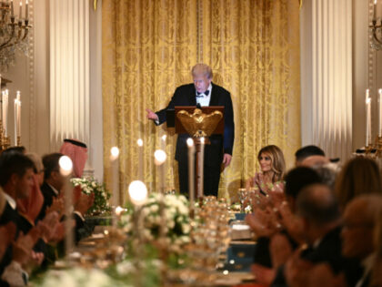 U.S. President Donald Trump speaks during an official dinner with Crown Prince and Prime
