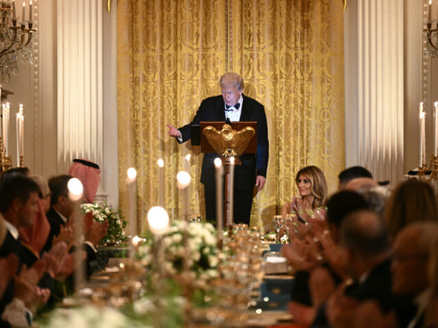 U.S. President Donald Trump speaks during an official dinner with Crown Prince and Prime