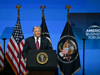 US President Donald Trump speaks at the American Business Forum at he Kaseya Center in Mia