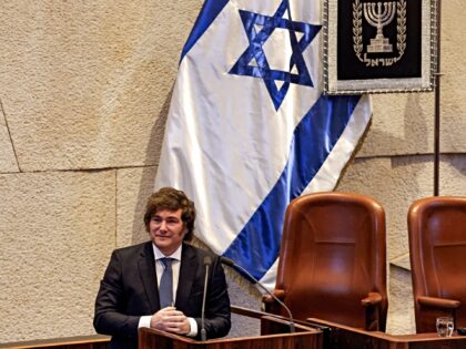 Argentina's President Javier Milei addresses the assembly during a session of the Israeli