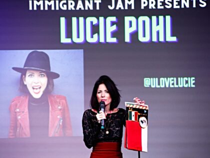 German-born comedian Lucie Pohl performs during an "Immigrant Jam" stand-up comedy show at