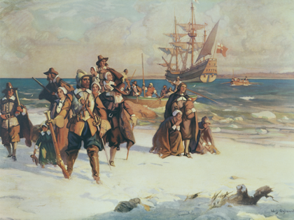 The Pilgrim Fathers arrive at Plymouth, Massachusetts, on board the Mayflower in November