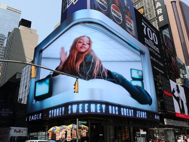 A digital advertising display featuring US actress Sydney Sweeney is seen outside an Ameri