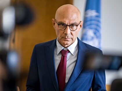 UN High Commissioner for Human Rights Volker Turk looks on during a statement at the Unite