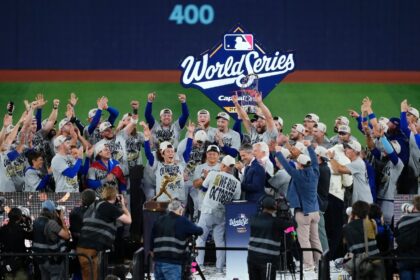 The Los Angeles Dodgers celebrate after defeating the Toronto Blue Jays in game seven of t