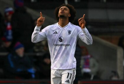 Manchester United striker Joshua Zirkzee celebrates scoring against Crystal Palace